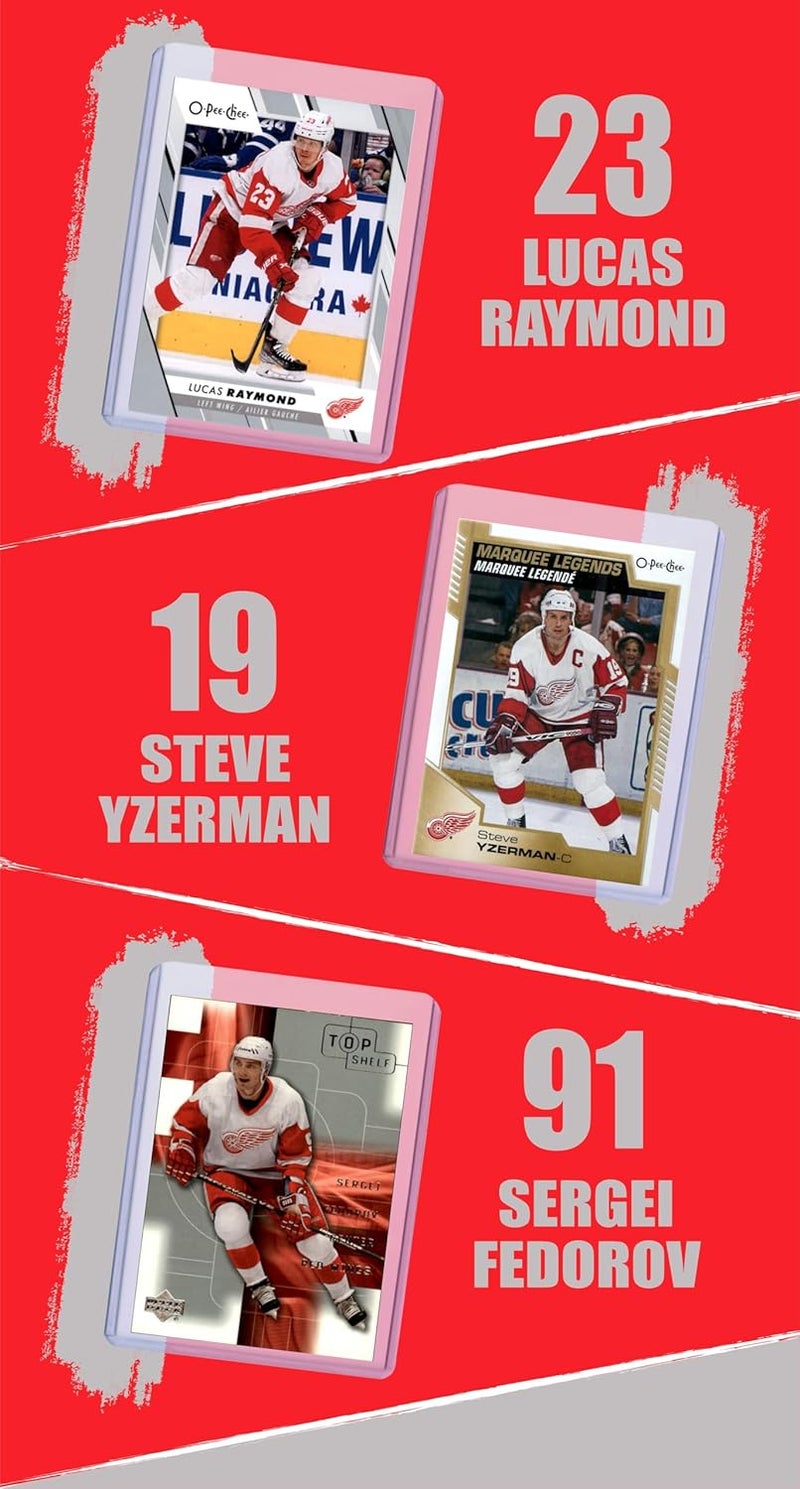 Chaser Detroit Red Wings Cards: Dylan Larkin, Moritz Seider, Cam Talbot, Alex DeBrincat, Andrew Copp, Lucas Raymond, Sergei Fedorov, Steve Yzerman ASSORTED Hockey Stars & GOATs Trading Card & Wristbands Gift Pack - Image 4